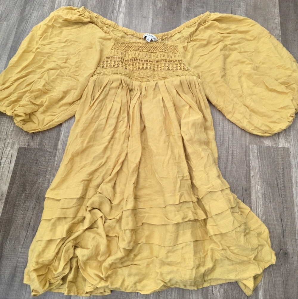 Festival Mustard Yellow Boho Peasant Dress Crochet Yoke Revolve Mini Puff Sleeve - Picture 2 of 5